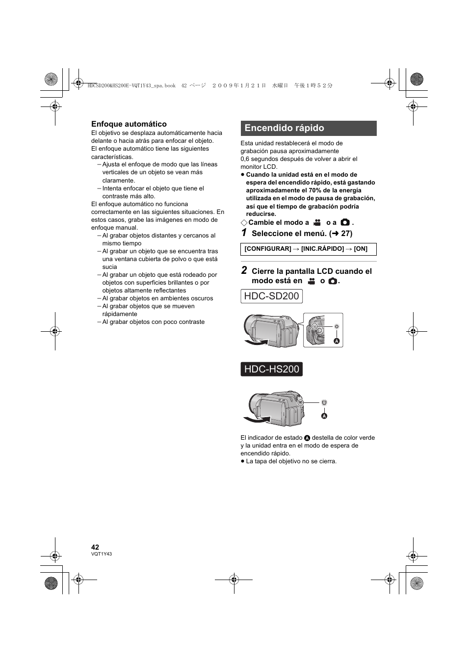 Encendido rápido | Panasonic HDCHS200 User Manual | Page 42 / 144