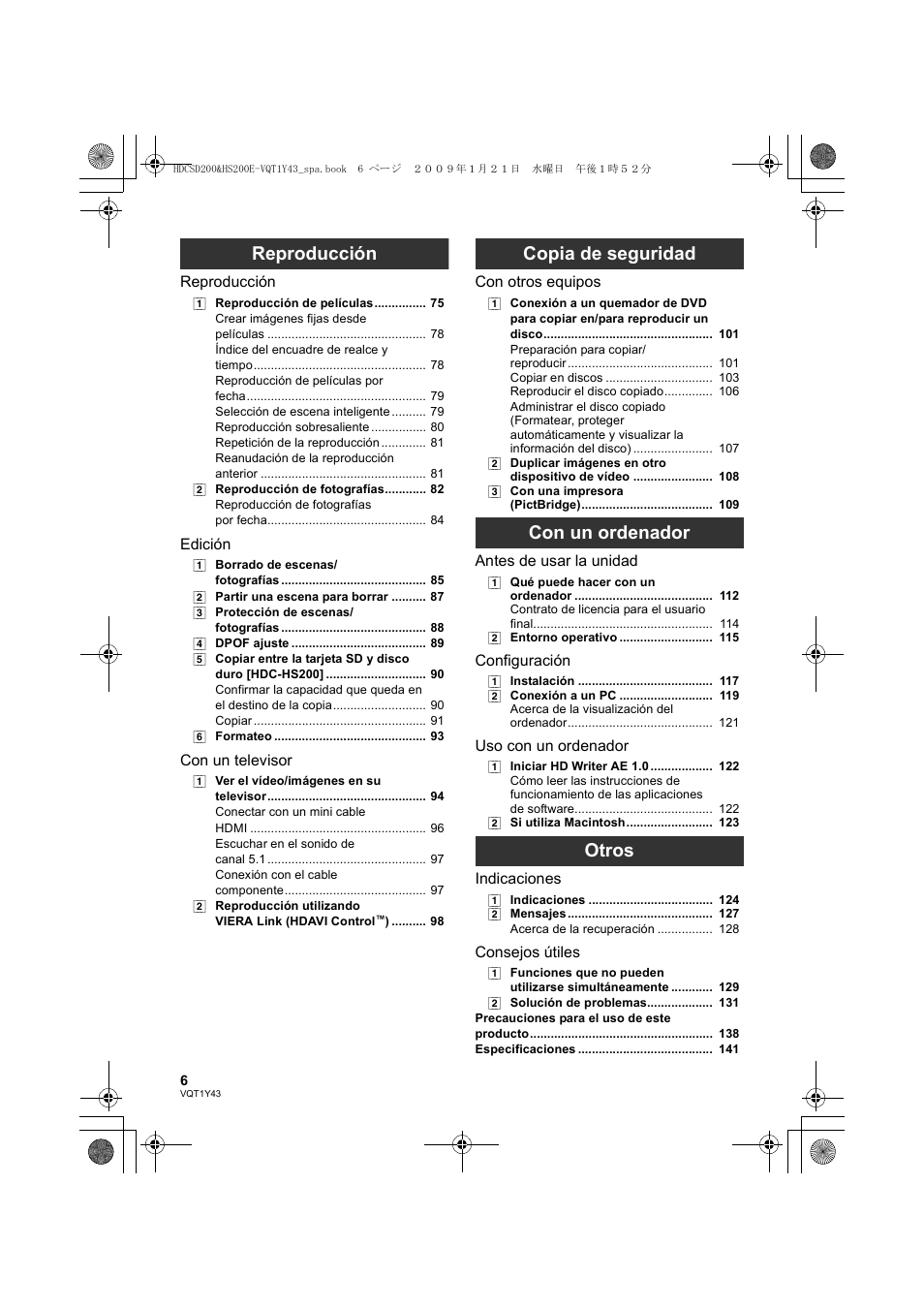 Reproducción, Copia de seguridad, Con un ordenador | Otros | Panasonic HDCHS200 User Manual | Page 6 / 144