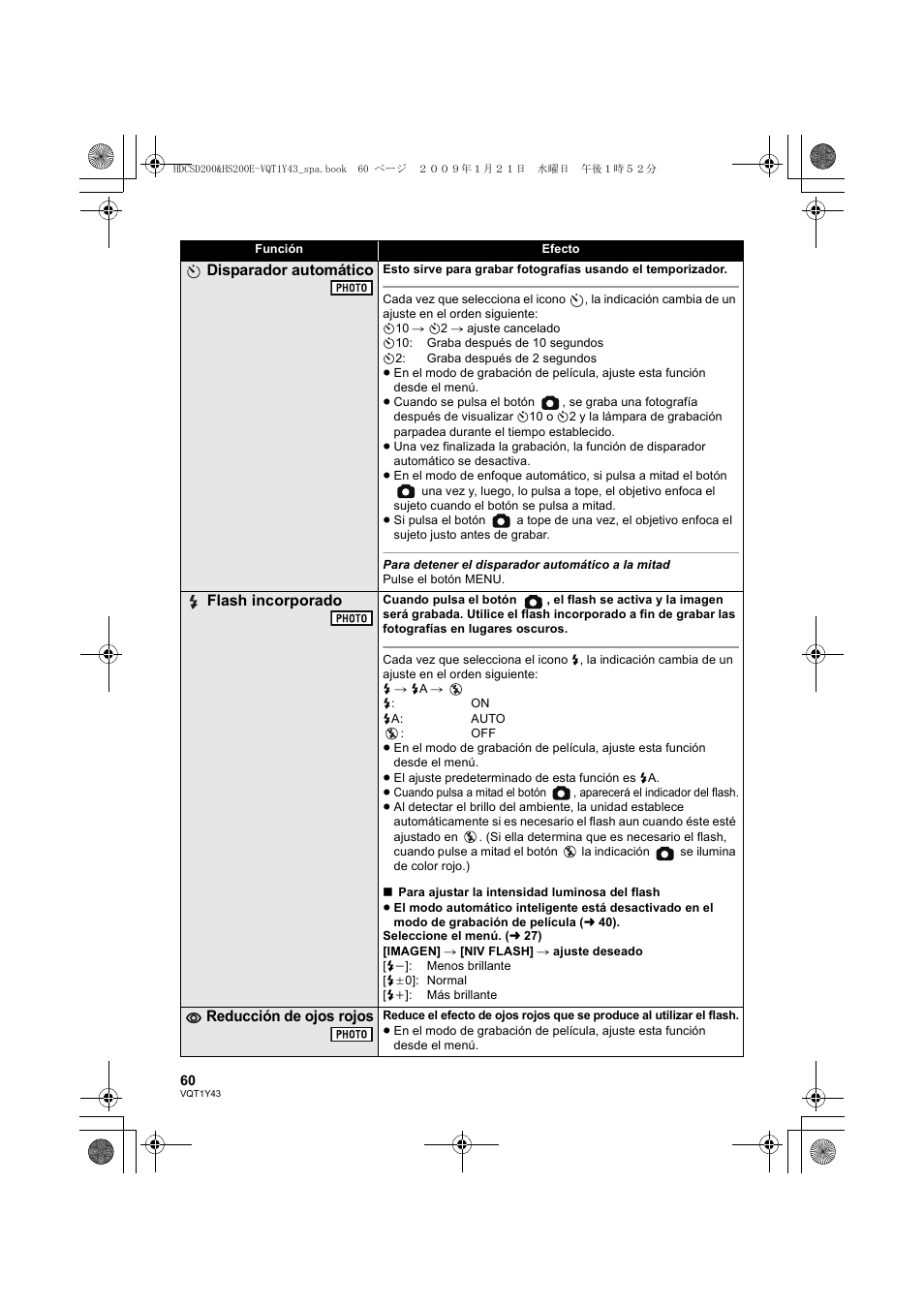 Disparador automático, Flash incorporado, Reducción de ojos rojos | Panasonic HDCHS200 User Manual | Page 60 / 144