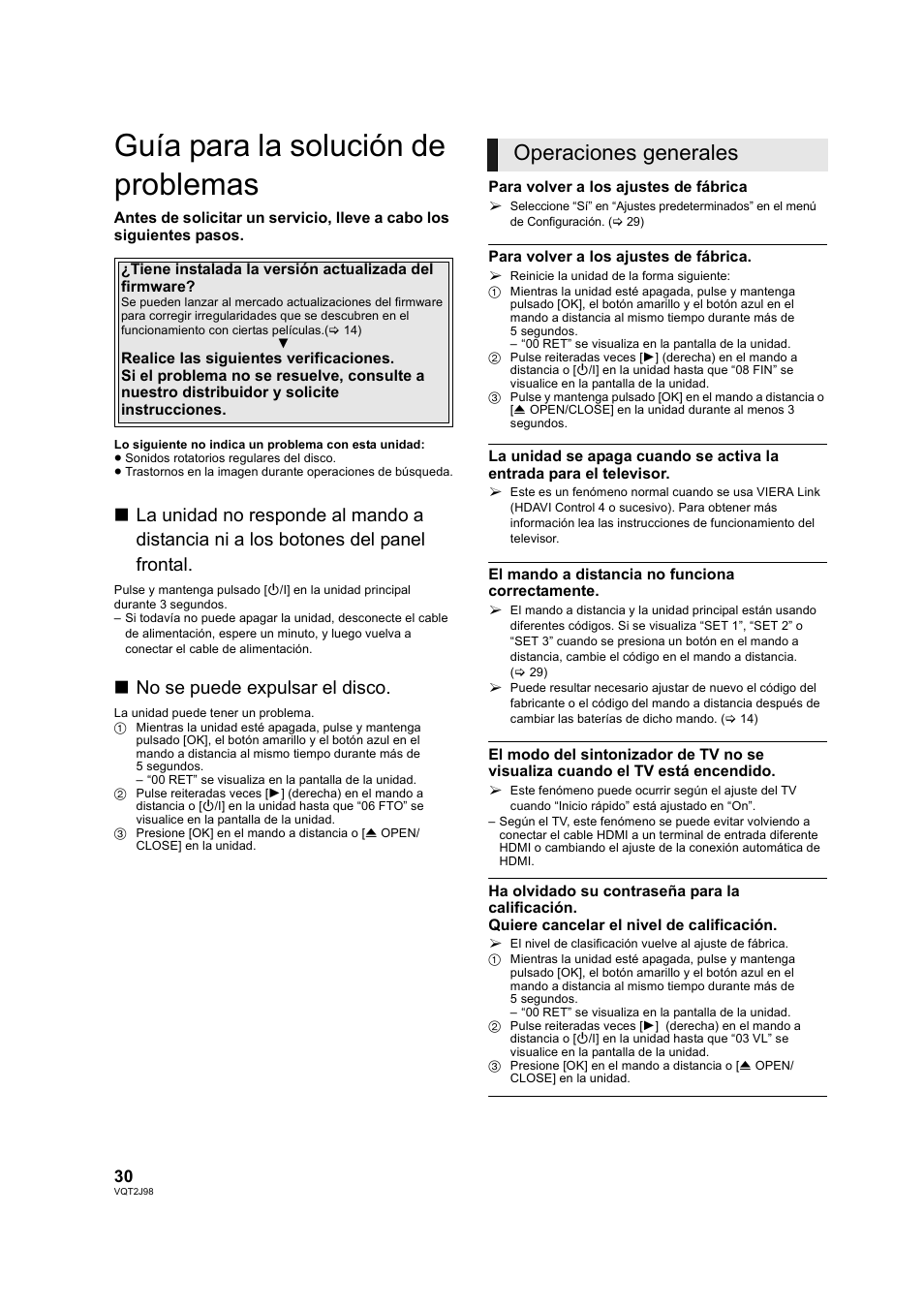 Referencia, Guía para la solución de problemas, Referen | Operaciones generales, No se puede expulsar el disco | Panasonic DMPBD45EG User Manual | Page 30 / 40