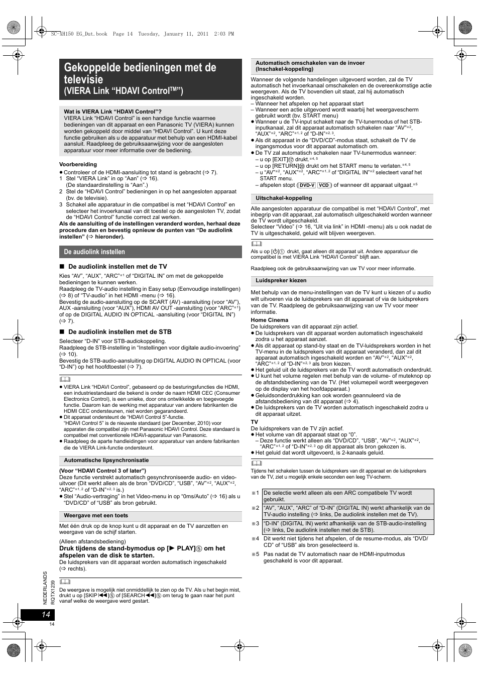 Gekoppelde bedieningen met de televisie, Viera link “hdavi control, De audiolink instellen | Panasonic SCXH150EG User Manual | Page 14 / 86