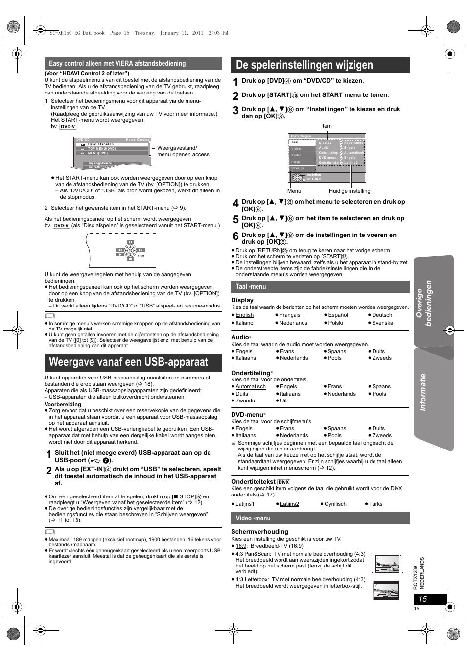 Weergave vanaf een usb-apparaat, De spelerinstellingen wijzigen | Panasonic SCXH150EG User Manual | Page 15 / 86