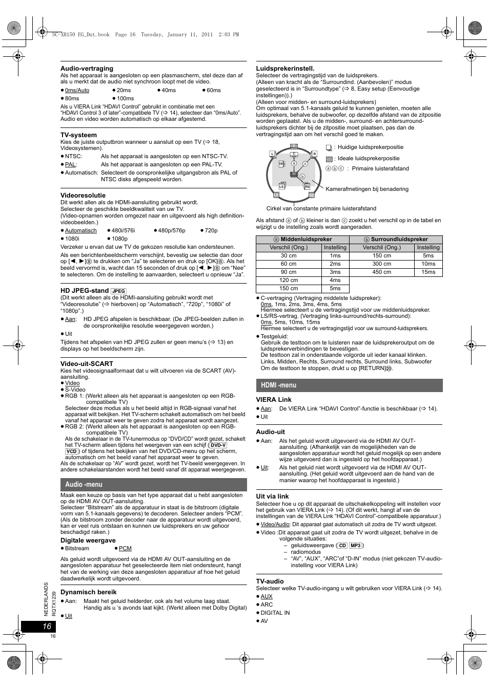 Audio -menu, Hdmi -menu | Panasonic SCXH150EG User Manual | Page 16 / 86