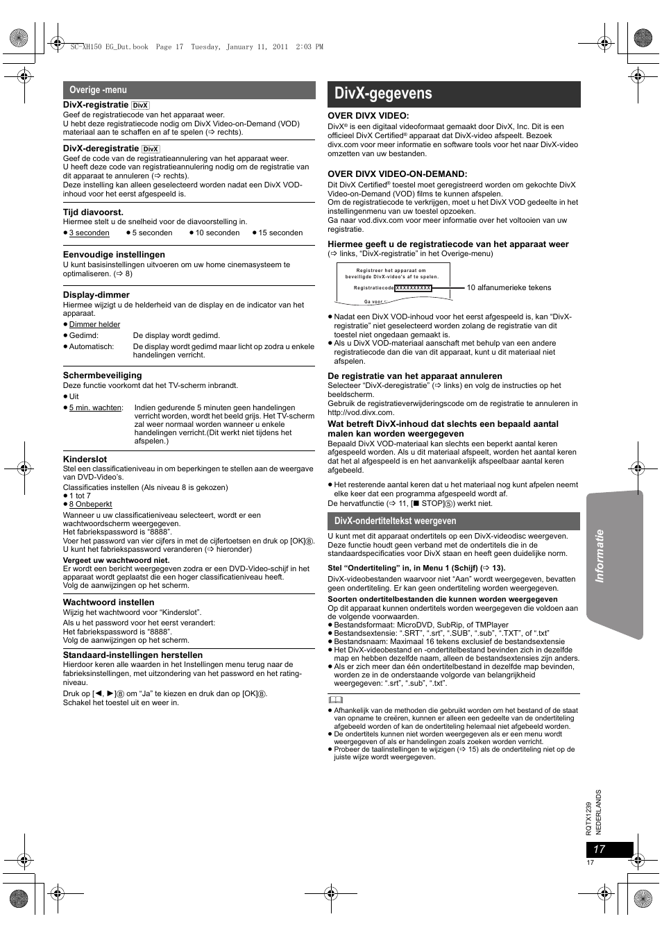 Divx-gegevens, Overige -menu, Divx-ondertiteltekst weergeven | Panasonic SCXH150EG User Manual | Page 17 / 86
