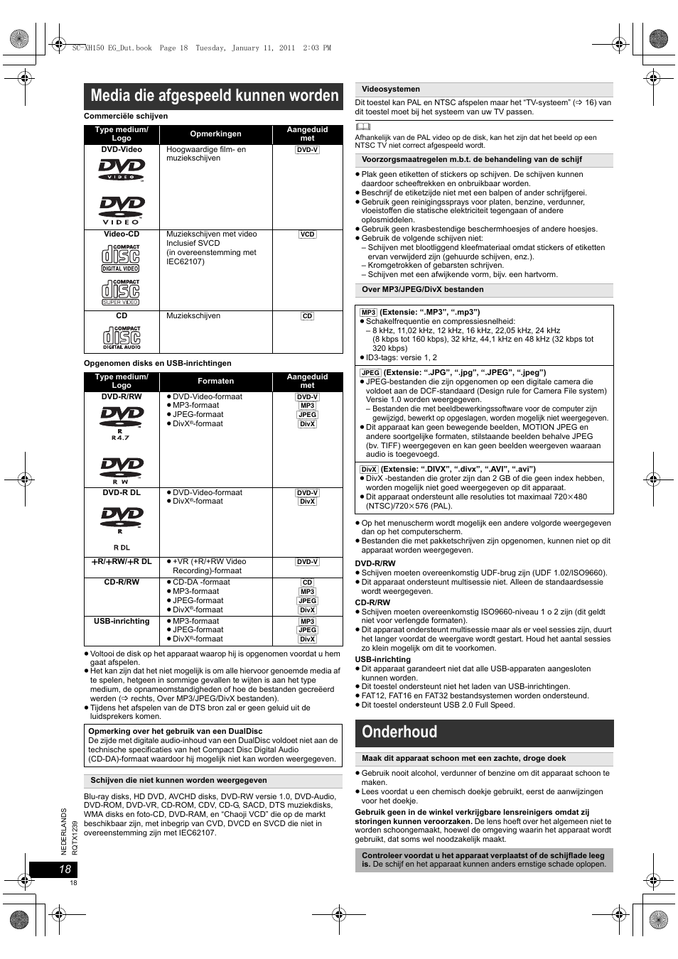 Media die afgespeeld kunnen worden, Onderhoud | Panasonic SCXH150EG User Manual | Page 18 / 86