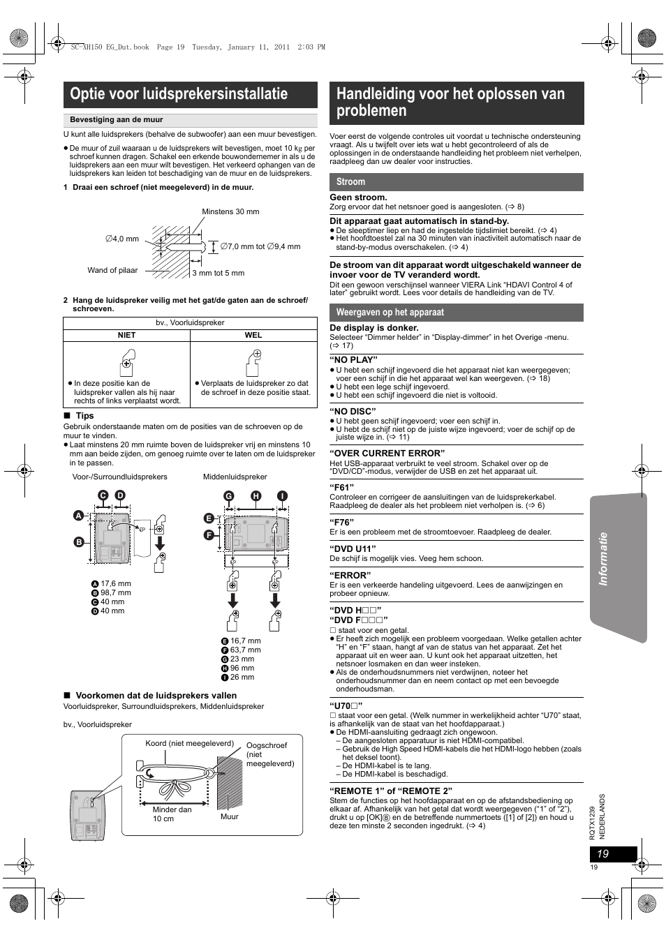 Optie voor luidsprekersinstallatie, Handleiding voor het oplossen van problemen | Panasonic SCXH150EG User Manual | Page 19 / 86