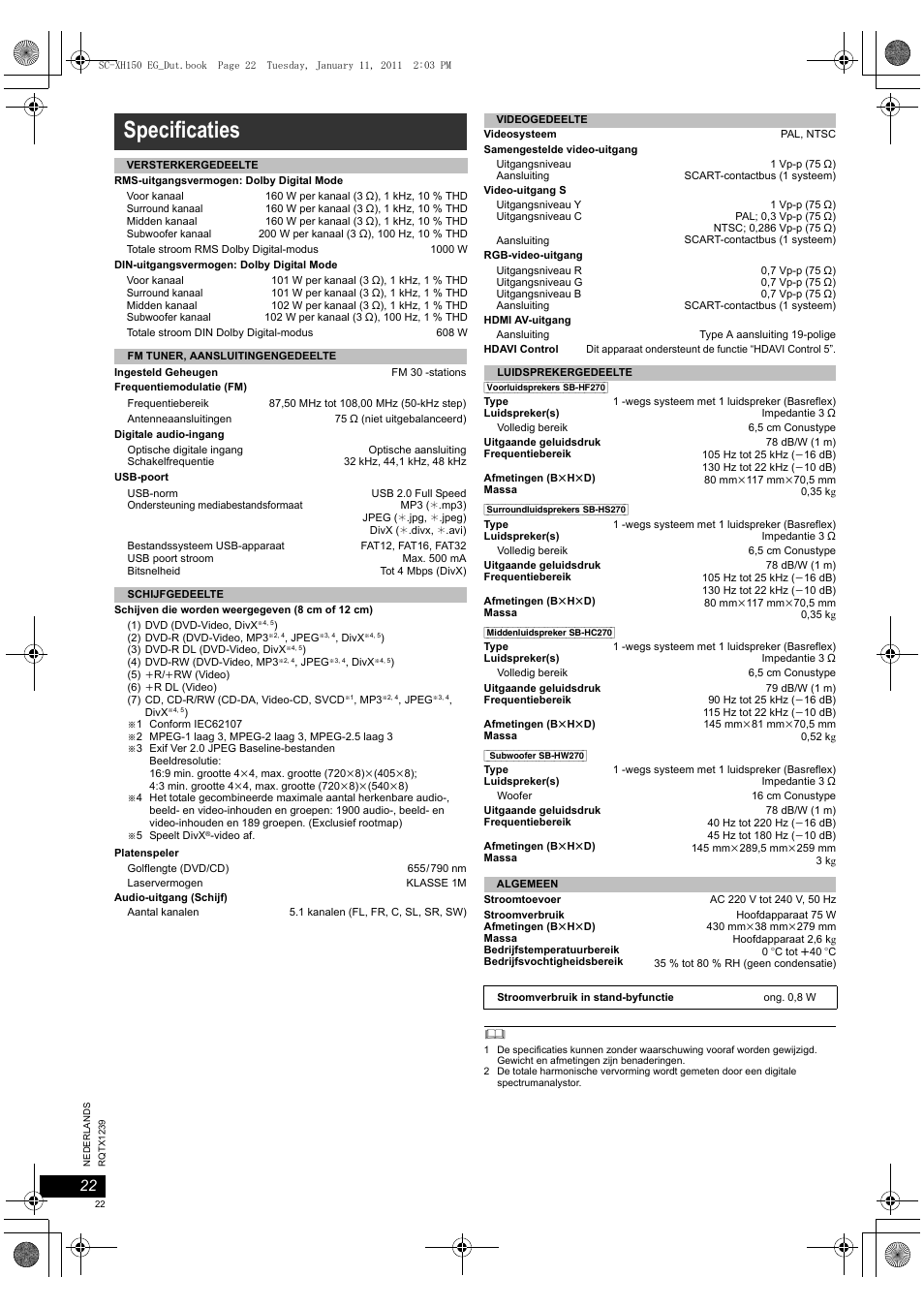 Specificaties | Panasonic SCXH150EG User Manual | Page 22 / 86