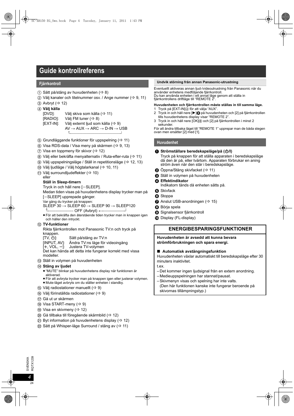 Sc-xh150 eg_rqtx1239-h_swe_110111, Guide kontrollreferens, Energibesparingsfunktioner | Panasonic SCXH150EG User Manual | Page 24 / 86