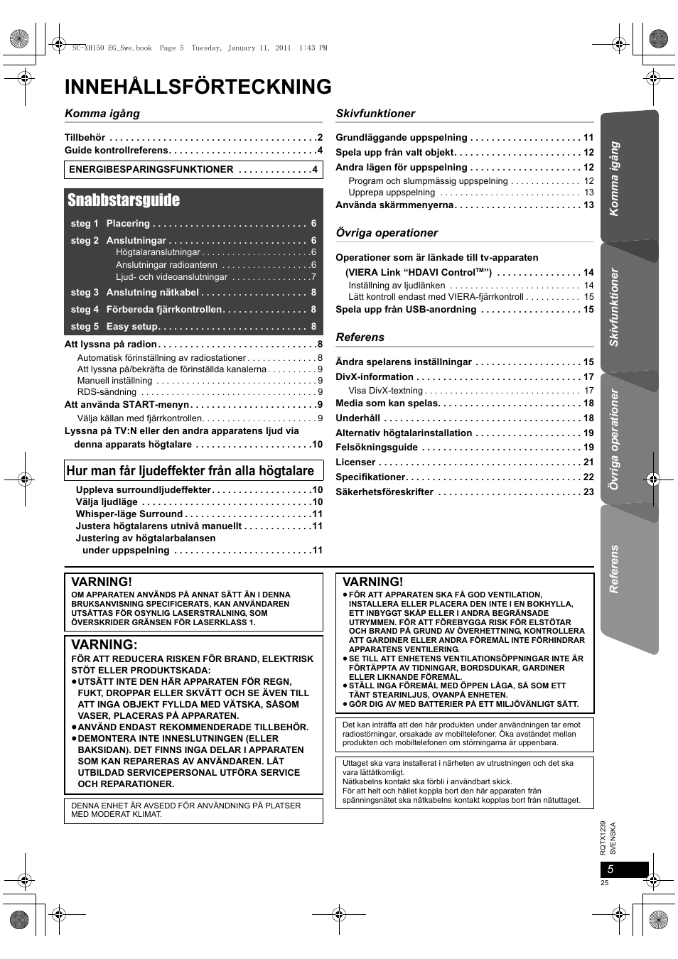 Innehållsförteckning, Snabbstarsguide, Hur man får ljudeffekter från alla högtalare | Varning | Panasonic SCXH150EG User Manual | Page 25 / 86