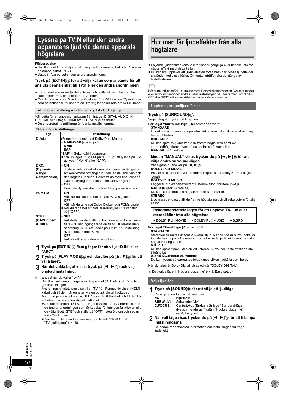 Hur man får ljudeffekter från alla högtalare | Panasonic SCXH150EG User Manual | Page 30 / 86