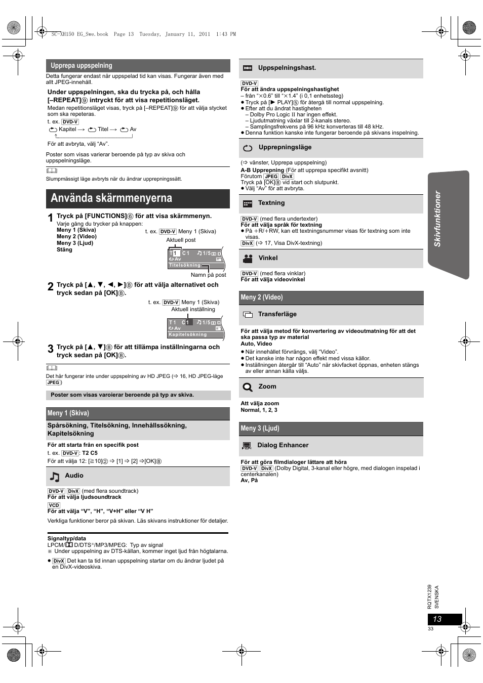 Använda skärmmenyerna, Getting s tarted skivf unk tione r reference | Panasonic SCXH150EG User Manual | Page 33 / 86