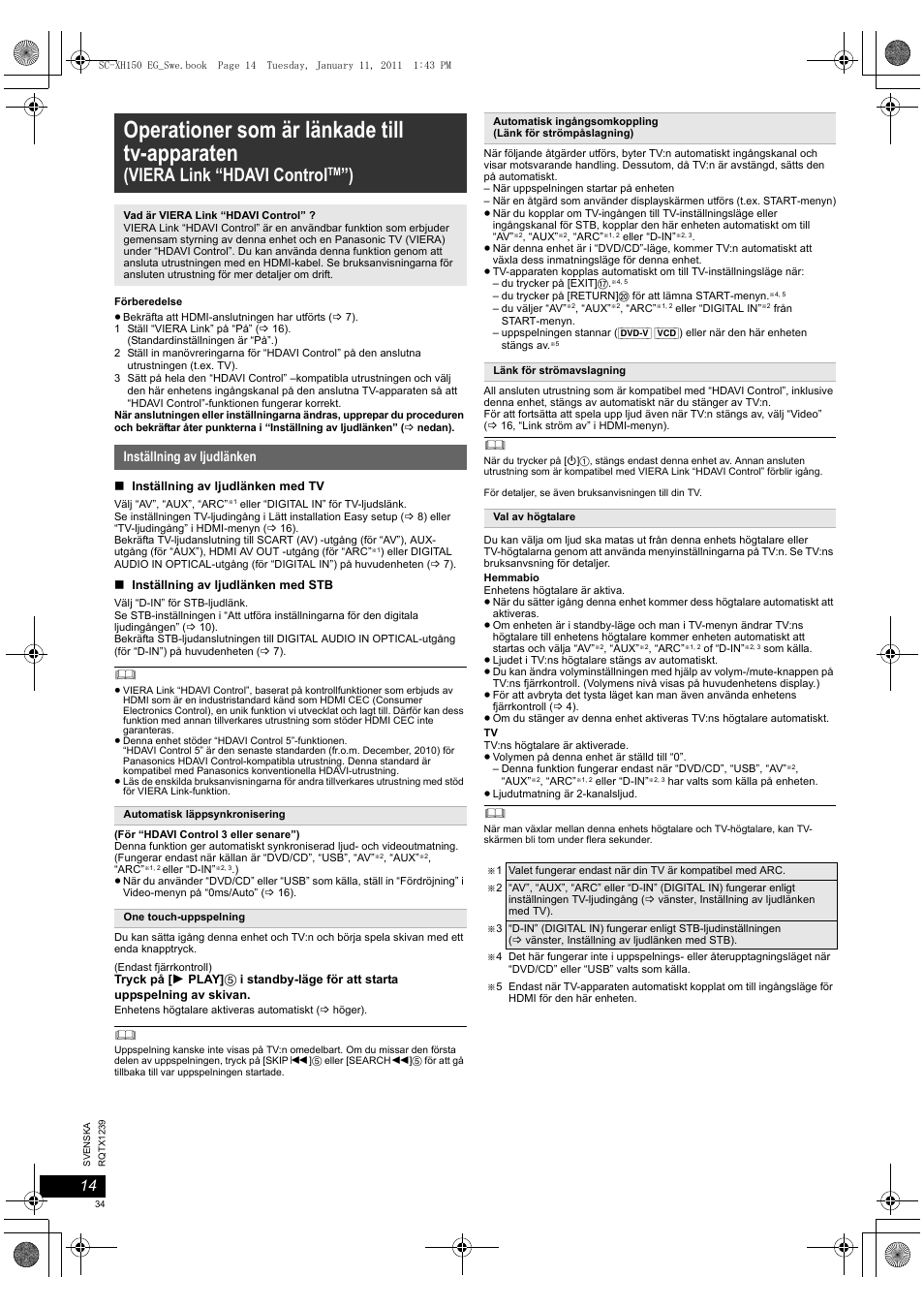 Operationer som är länkade till tv-apparaten, Viera link “hdavi control, Inställning av ljudlänken | Panasonic SCXH150EG User Manual | Page 34 / 86