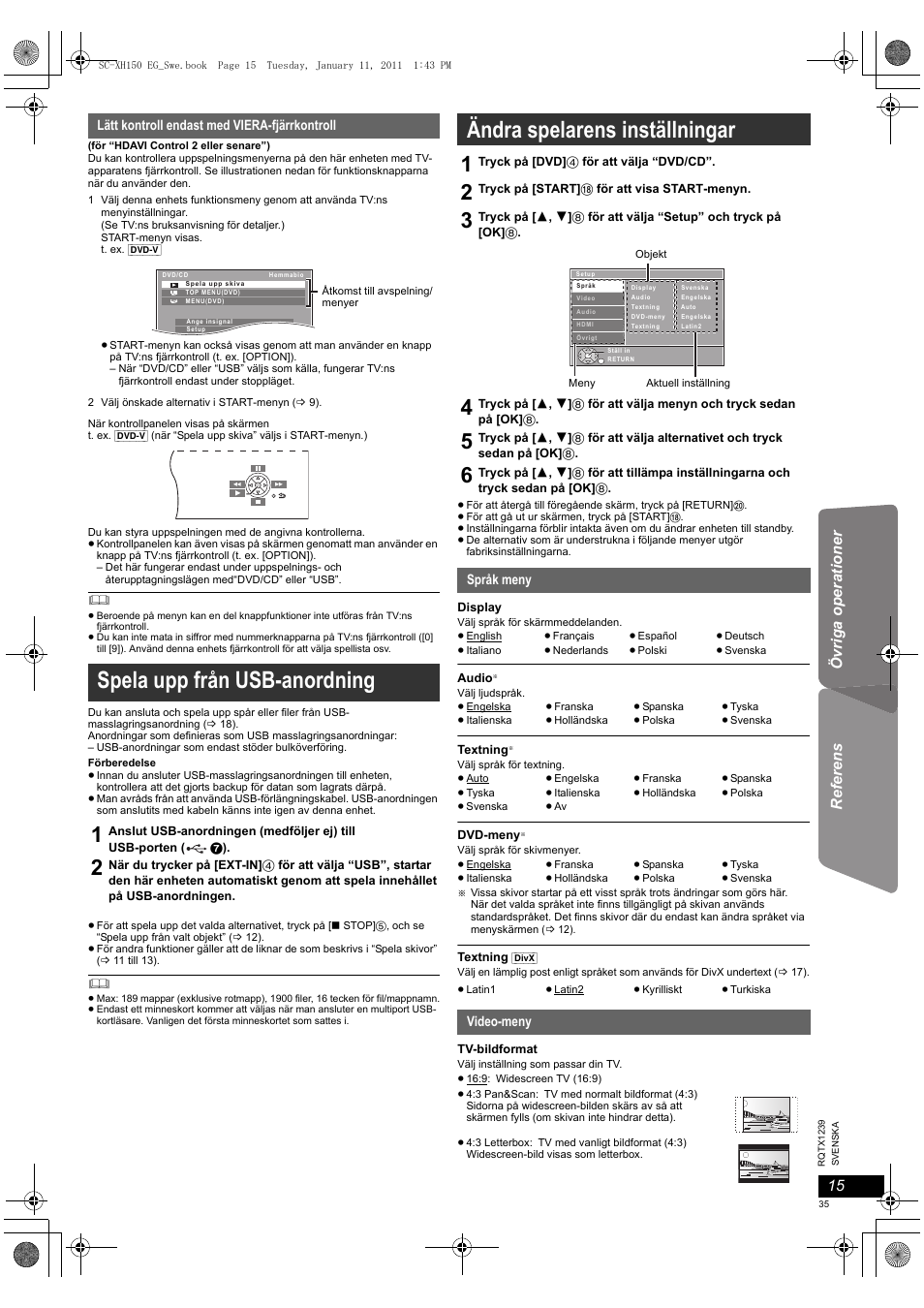 Spela upp från usb-anordning, Ändra spelarens inställningar | Panasonic SCXH150EG User Manual | Page 35 / 86