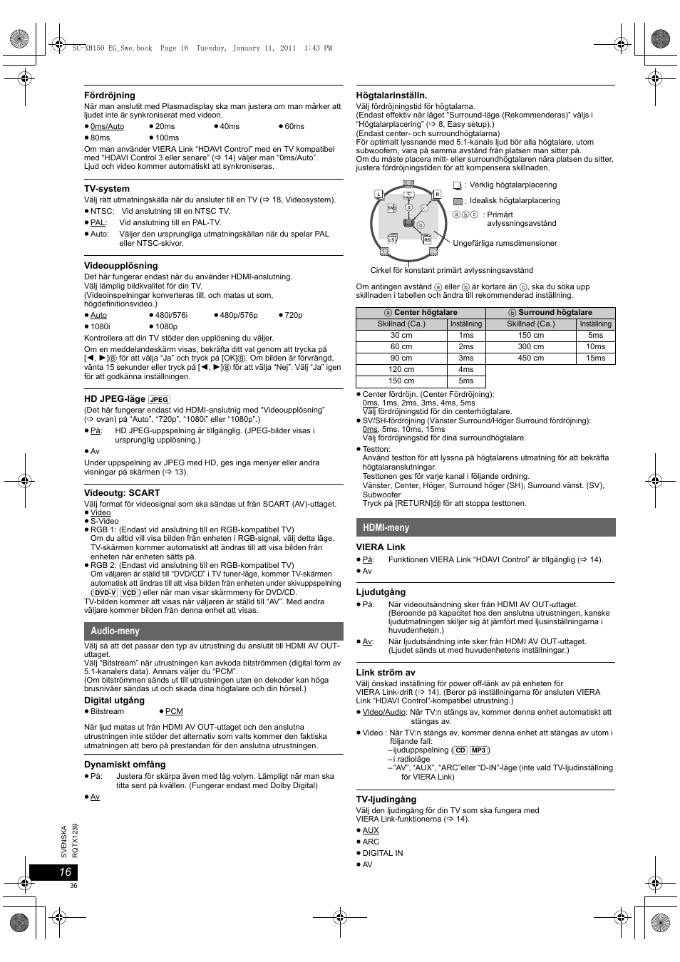 Audio-meny, Hdmi-meny | Panasonic SCXH150EG User Manual | Page 36 / 86