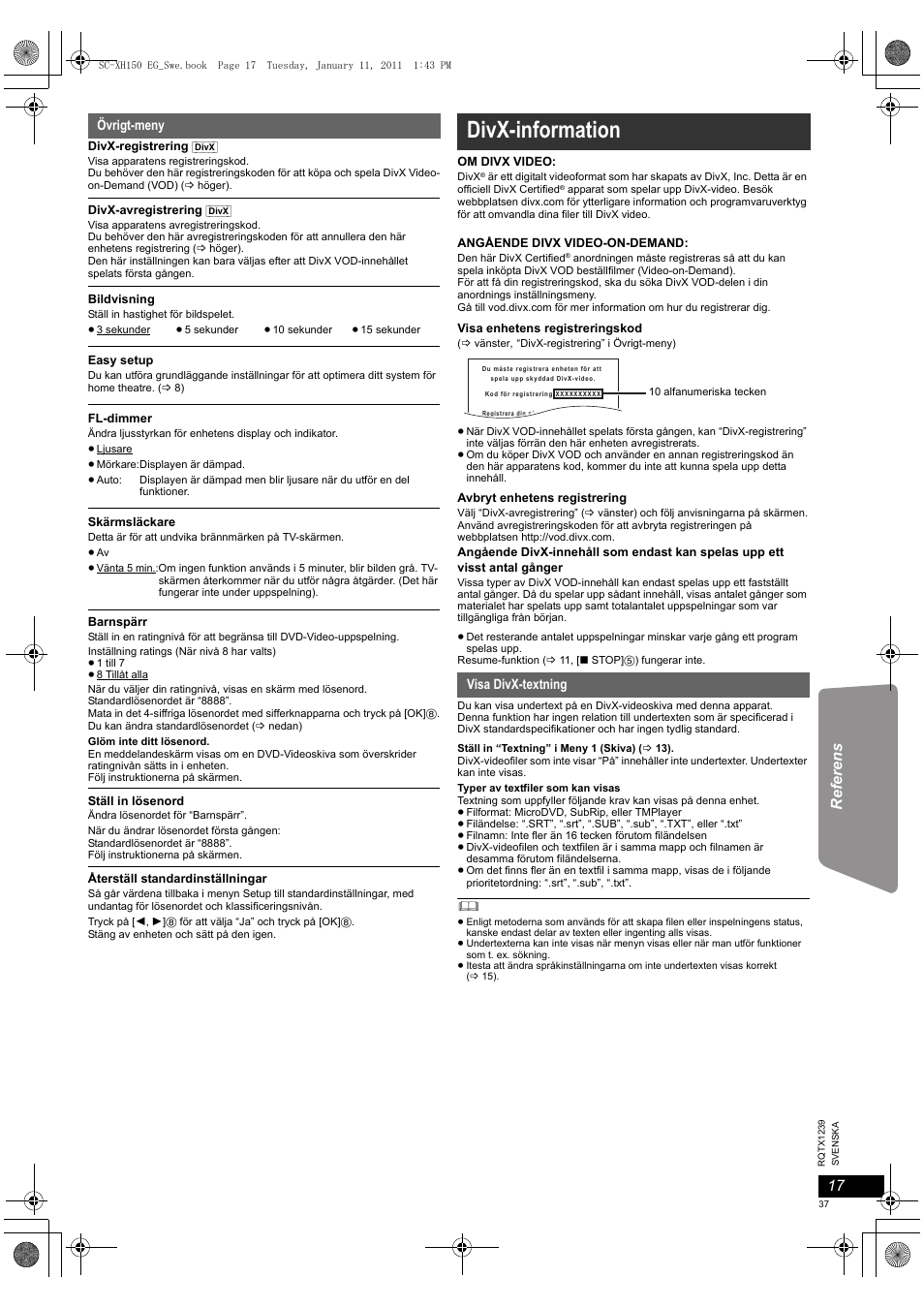 Divx-information, Övrigt-meny, Visa divx-textning | Panasonic SCXH150EG User Manual | Page 37 / 86