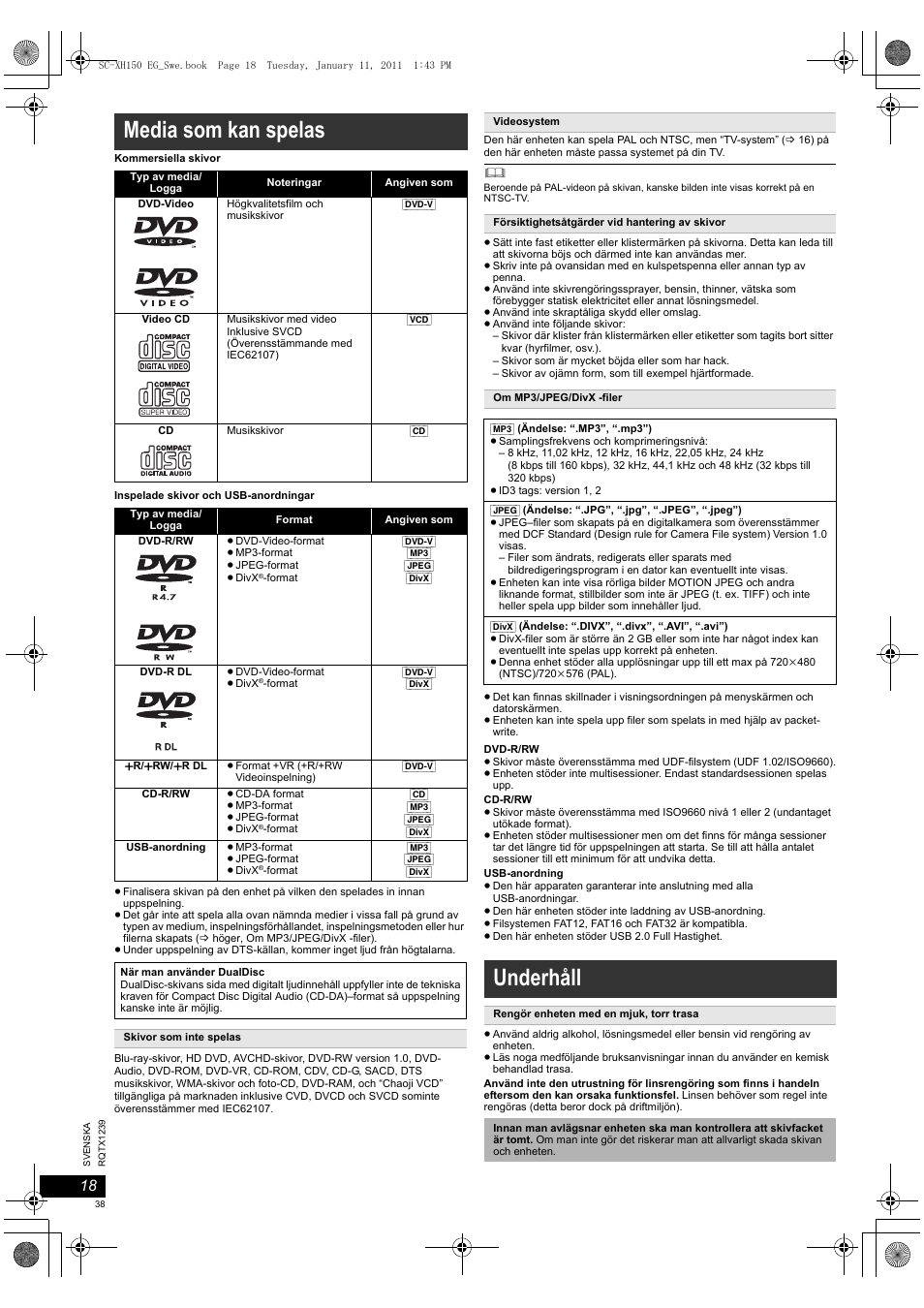 Media som kan spelas, Underhåll | Panasonic SCXH150EG User Manual | Page 38 / 86