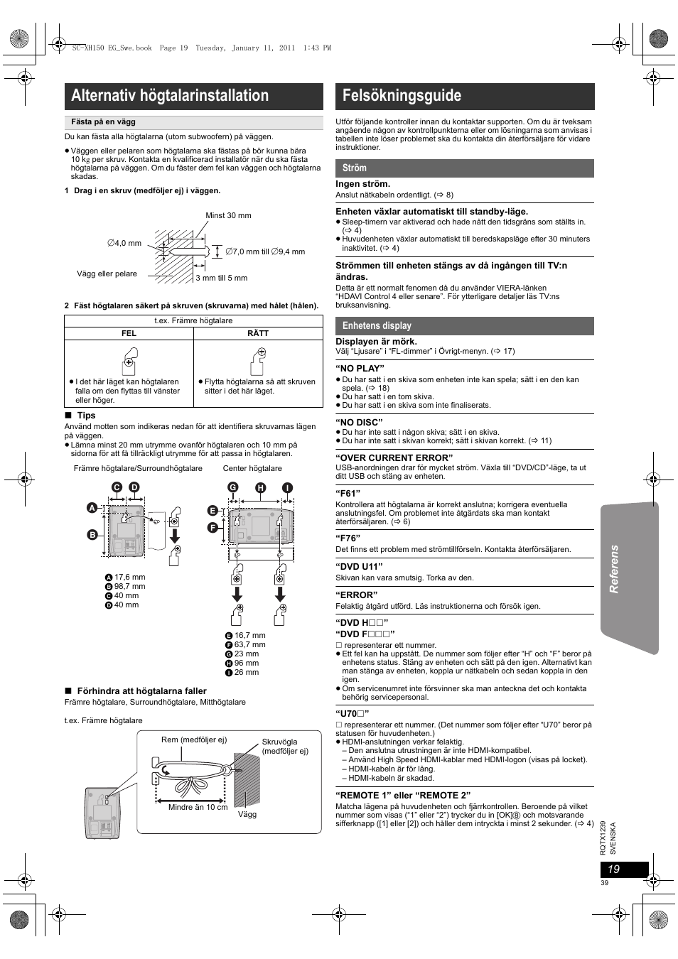Alternativ högtalarinstallation, Felsökningsguide | Panasonic SCXH150EG User Manual | Page 39 / 86