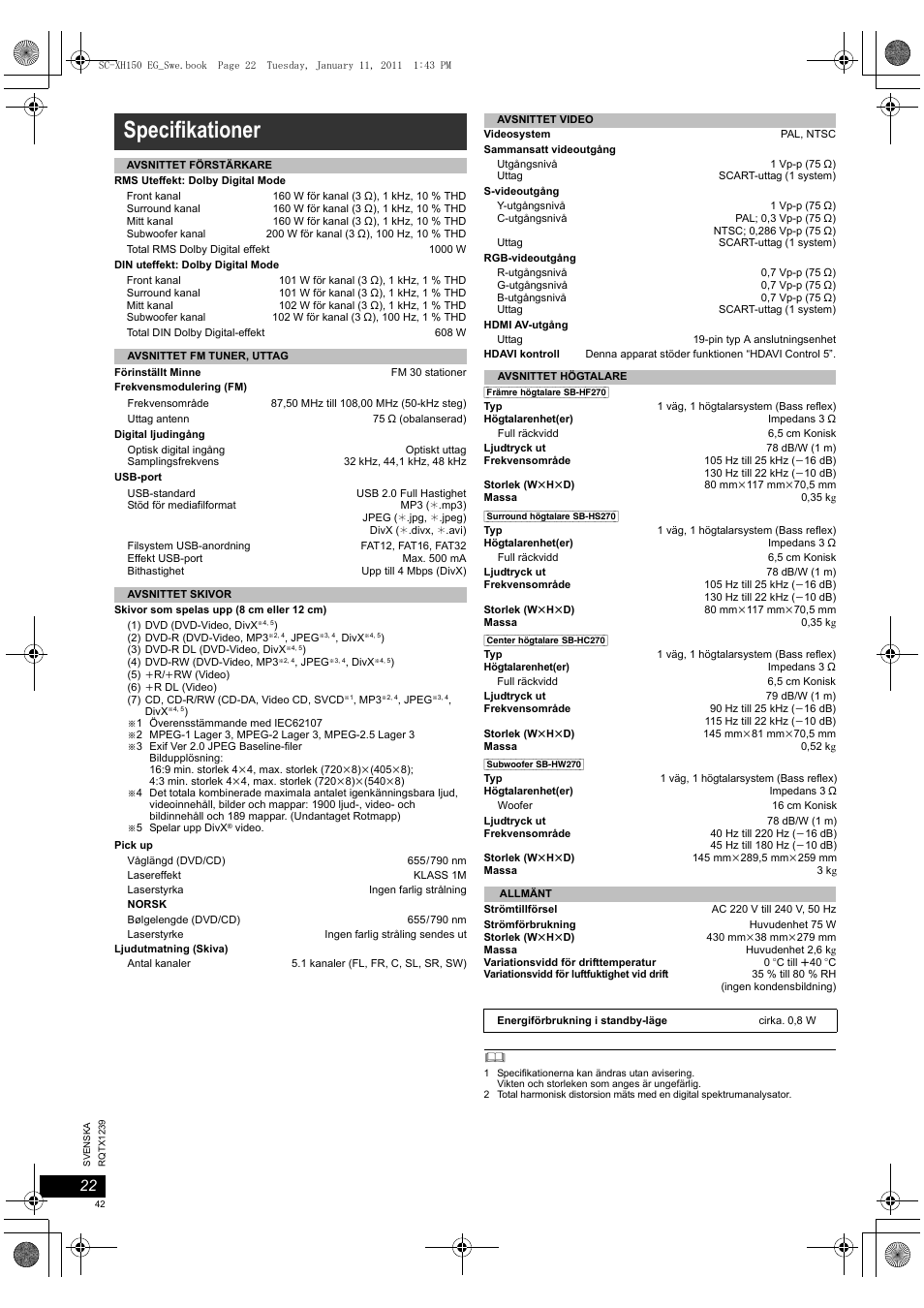 Specifikationer | Panasonic SCXH150EG User Manual | Page 42 / 86