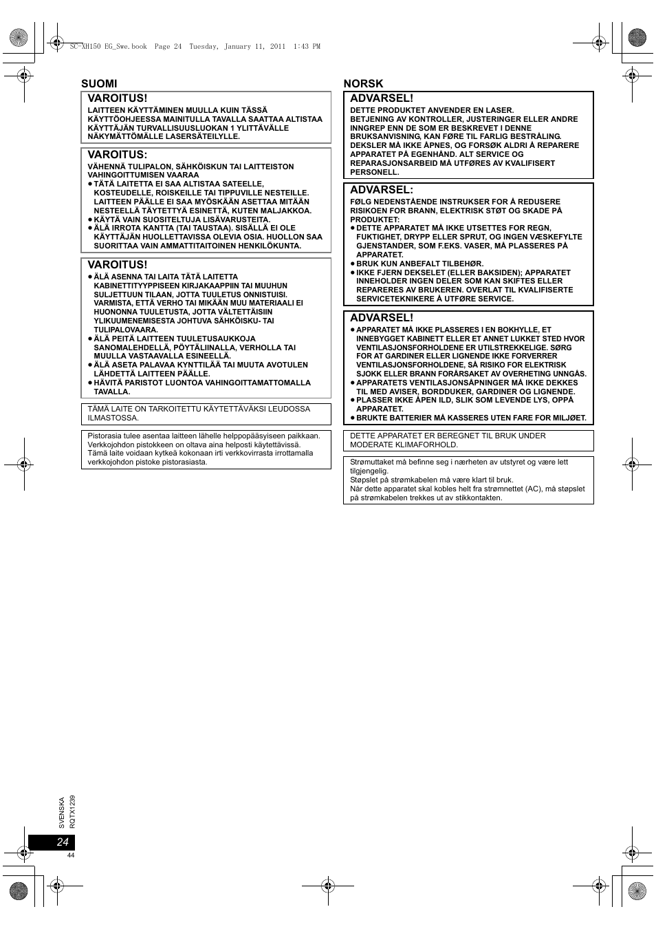 Suomi norsk varoitus, Varoitus, Advarsel | Panasonic SCXH150EG User Manual | Page 44 / 86