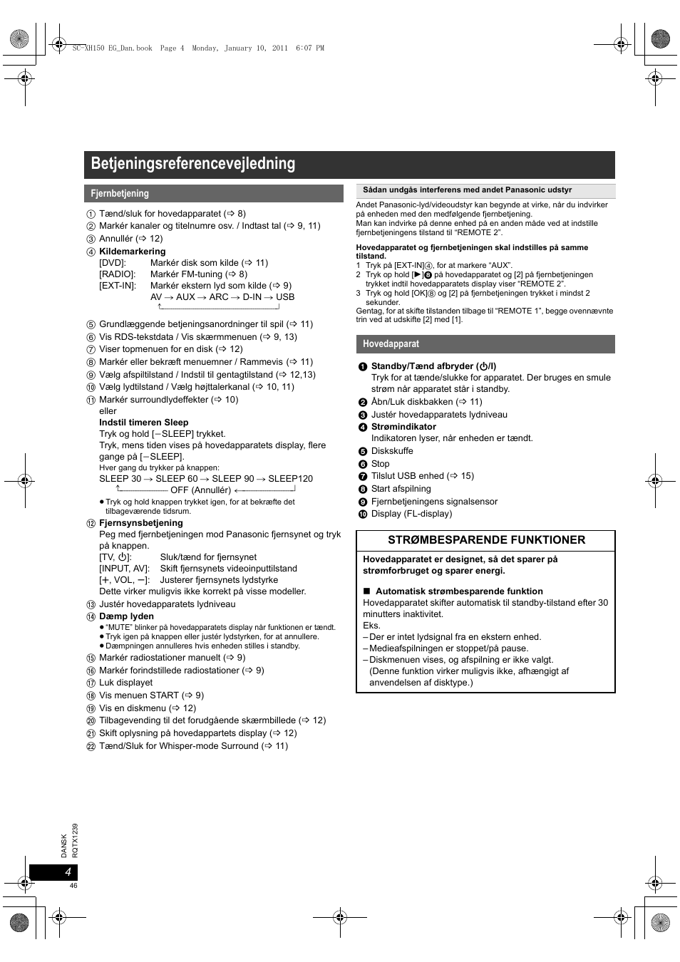 Sc-xh150 eg_rqtx1239-h_dan_j_110110, Betjeningsreferencevejledning, Strømbesparende funktioner | Panasonic SCXH150EG User Manual | Page 46 / 86