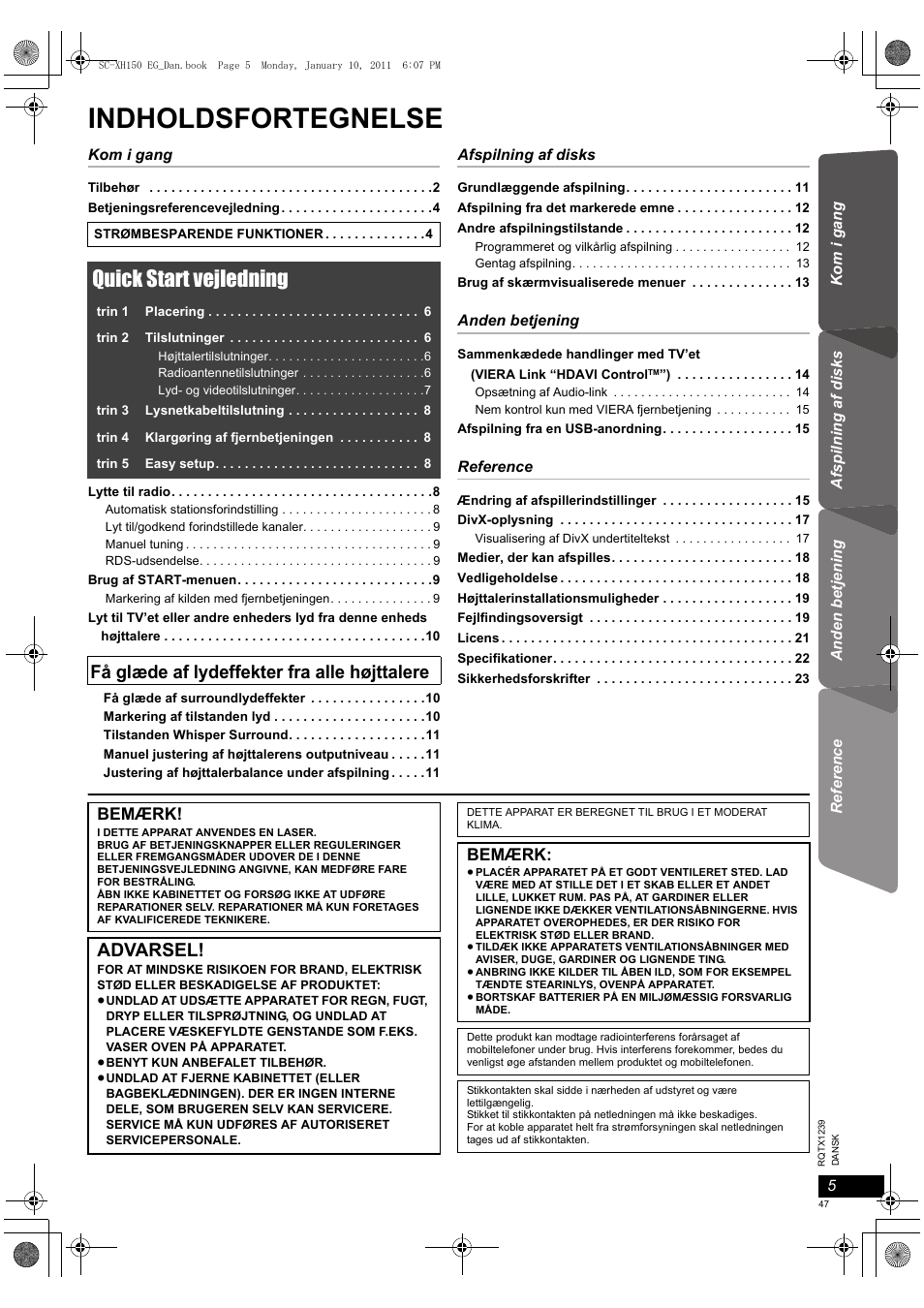 Indholdsfortegnelse, Quick start vejledning, Få glæde af lydeffekter fra alle højttalere | Advarsel, Bemærk | Panasonic SCXH150EG User Manual | Page 47 / 86