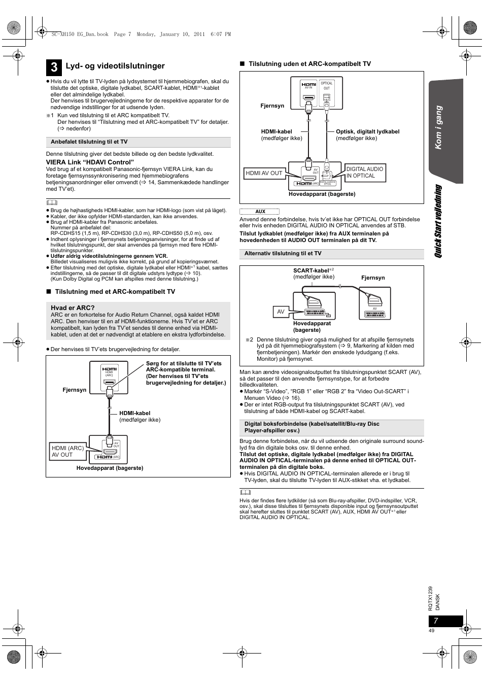Quick start vejledning, Kom i ga ng, Lyd- og videotilslutninger | Panasonic SCXH150EG User Manual | Page 49 / 86
