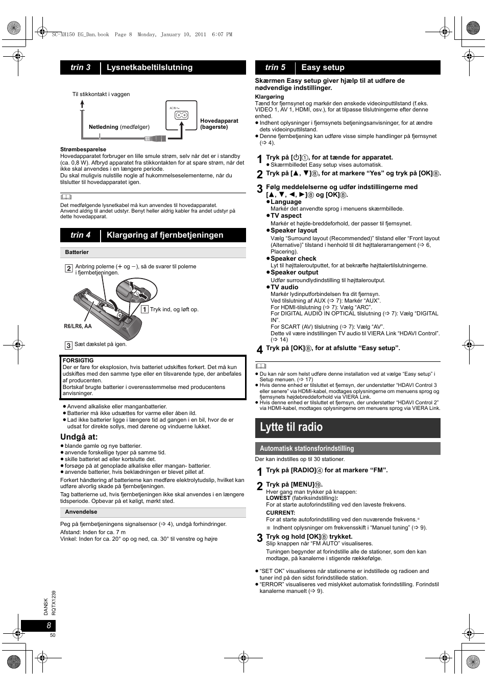 Lytte til radio, Undgå at, Trin 5 easy setup | Panasonic SCXH150EG User Manual | Page 50 / 86