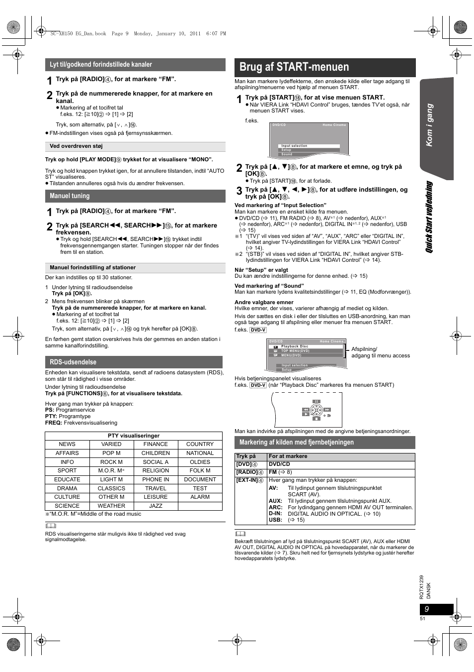 Brug af start-menuen, Quick start vejledning, Kom i ga ng | Lyt til/godkend forindstillede kanaler, Manuel tuning, Rds-udsendelse, Markering af kilden med fjernbetjeningen | Panasonic SCXH150EG User Manual | Page 51 / 86