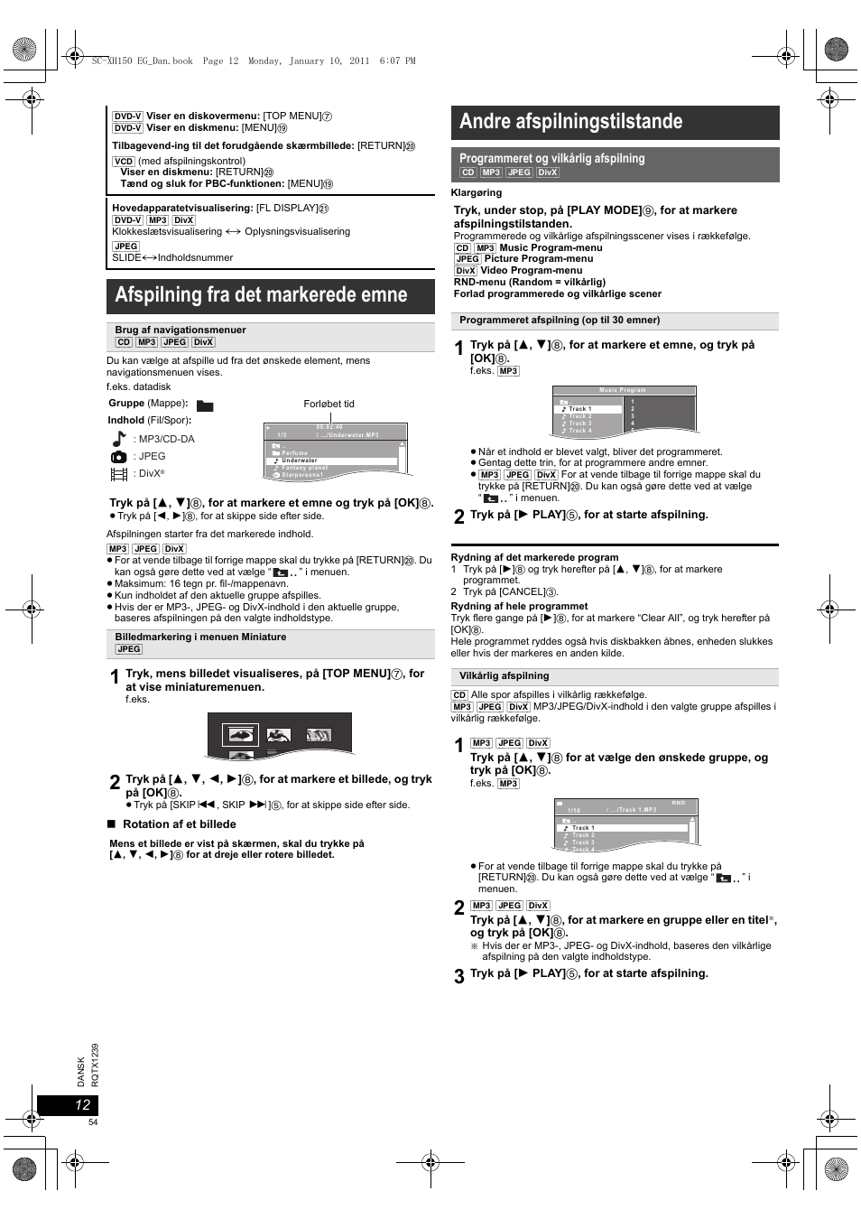Afspilning fra det markerede emne, Andre afspilningstilstande | Panasonic SCXH150EG User Manual | Page 54 / 86