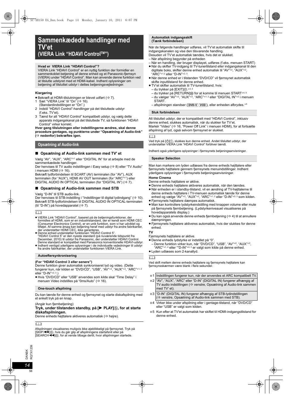 Sammenkædede handlinger med tv’et, Viera link “hdavi control, Opsætning af audio-link | Panasonic SCXH150EG User Manual | Page 56 / 86