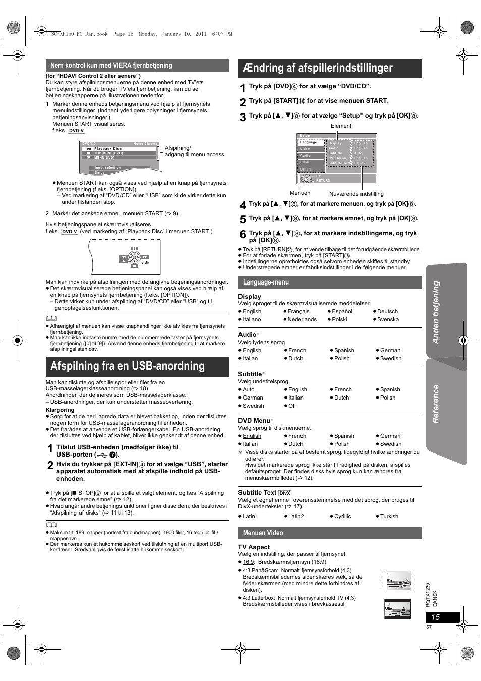 Afspilning fra en usb-anordning, Ændring af afspillerindstillinger | Panasonic SCXH150EG User Manual | Page 57 / 86