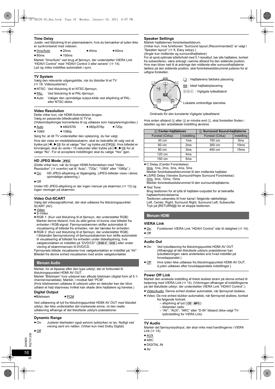 Menuen audio, Menuen hdmi | Panasonic SCXH150EG User Manual | Page 58 / 86