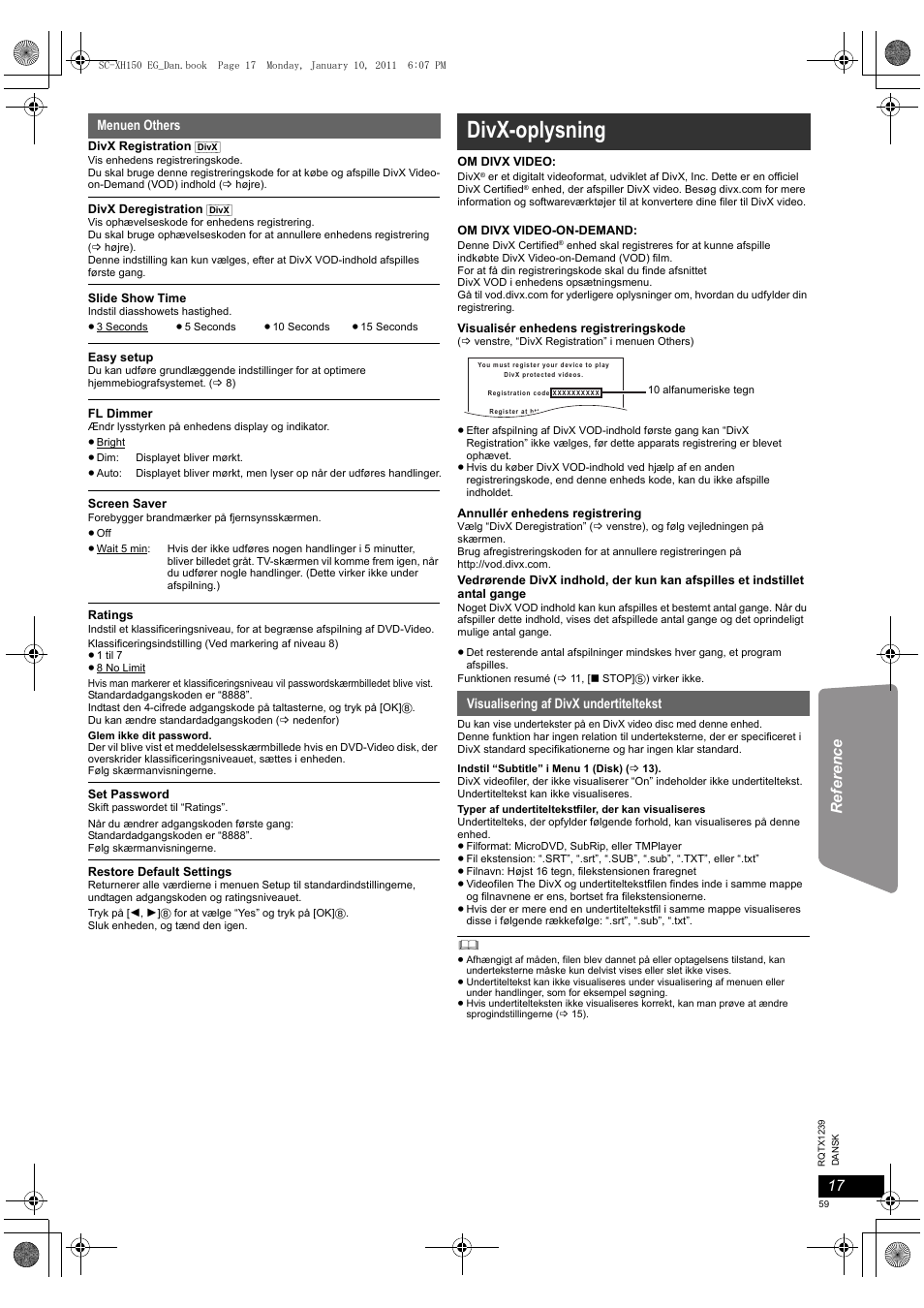 Divx-oplysning, Menuen others, Visualisering af divx undertiteltekst | Panasonic SCXH150EG User Manual | Page 59 / 86