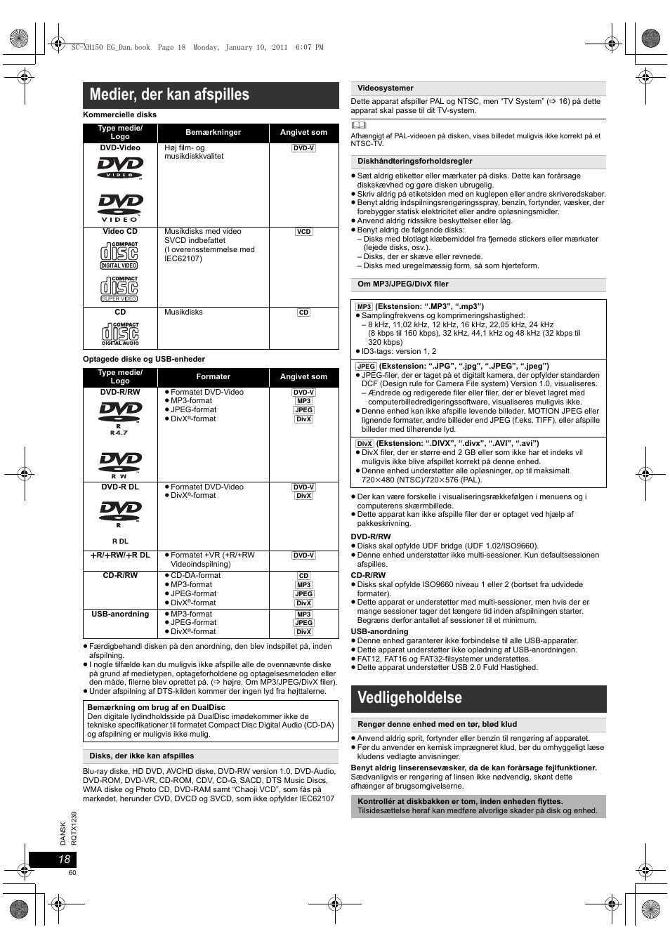 Medier, der kan afspilles, Vedligeholdelse | Panasonic SCXH150EG User Manual | Page 60 / 86
