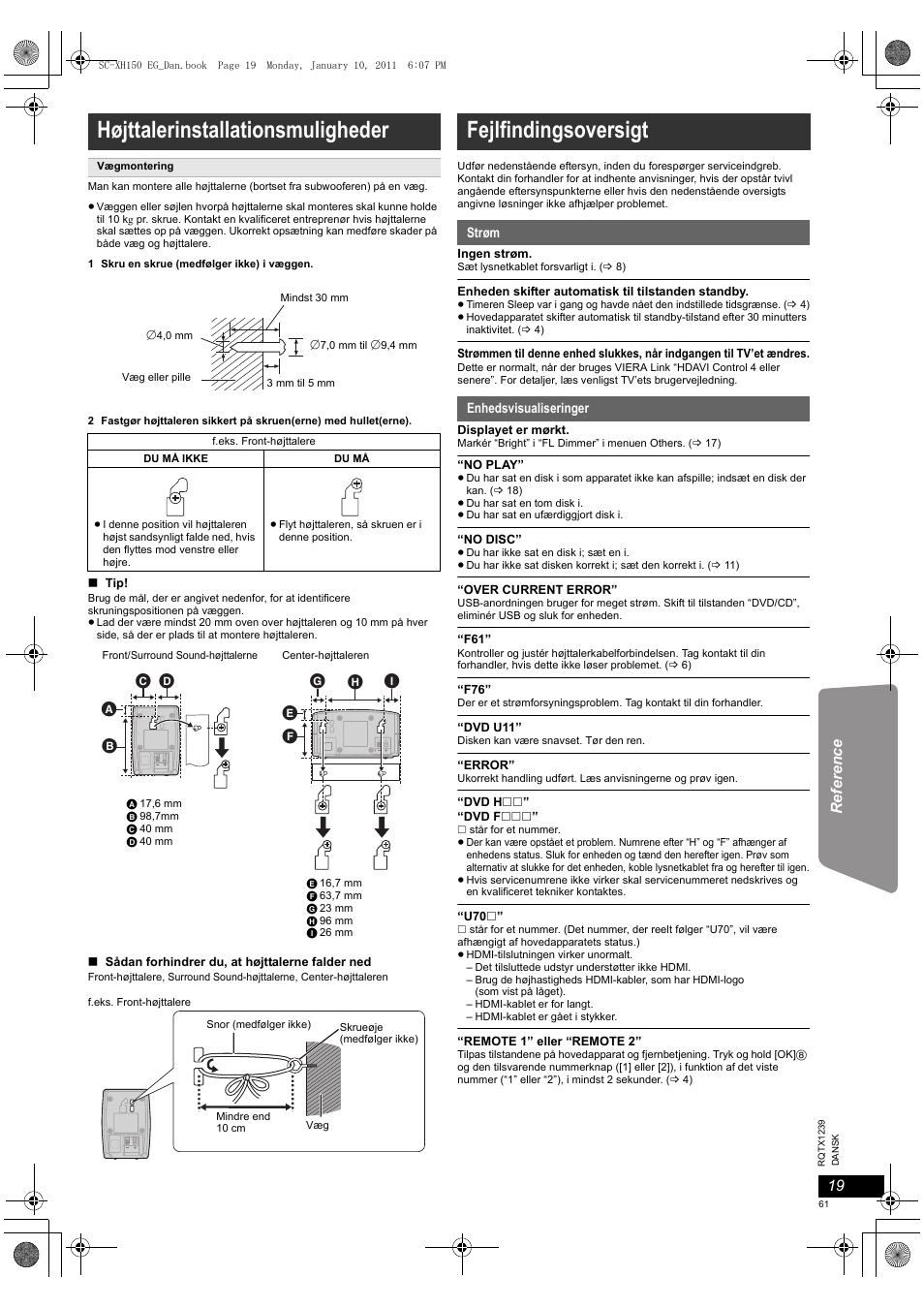 Højttalerinstallationsmuligheder, Fejlfindingsoversigt | Panasonic SCXH150EG User Manual | Page 61 / 86