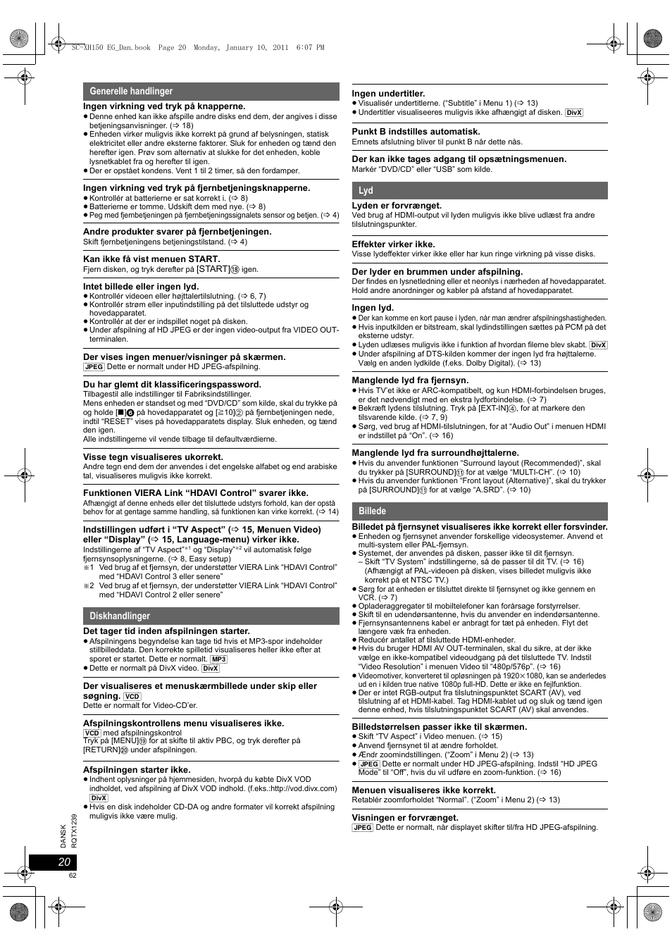 Generelle handlinger diskhandlinger lyd billede | Panasonic SCXH150EG User Manual | Page 62 / 86
