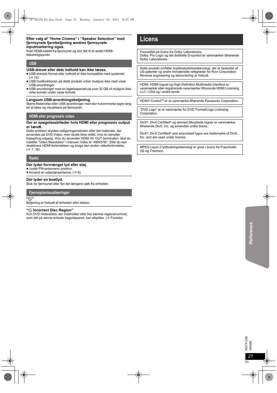 Licens | Panasonic SCXH150EG User Manual | Page 63 / 86