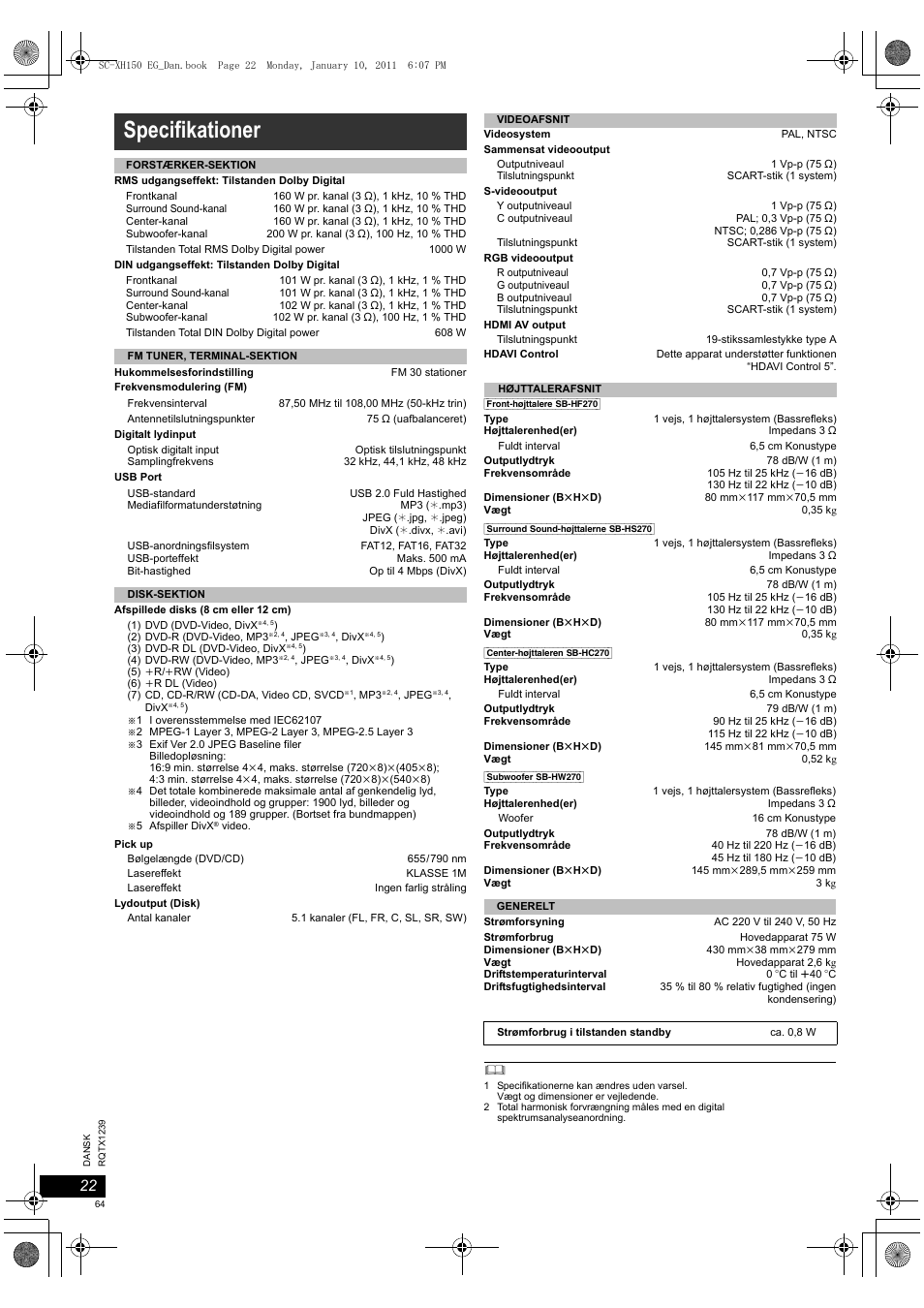 Specifikationer | Panasonic SCXH150EG User Manual | Page 64 / 86