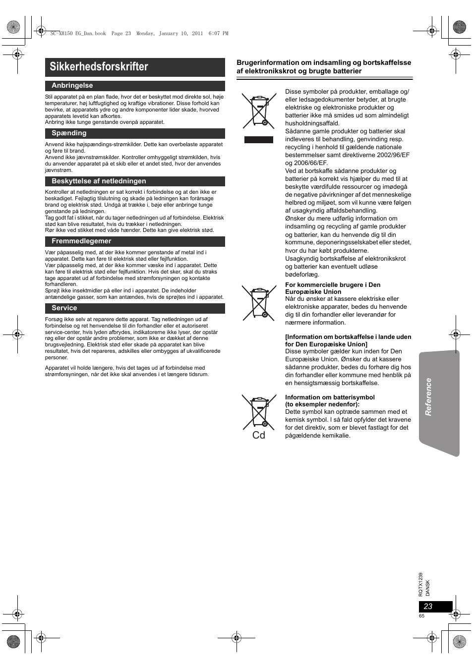 Sikkerhedsforskrifter | Panasonic SCXH150EG User Manual | Page 65 / 86