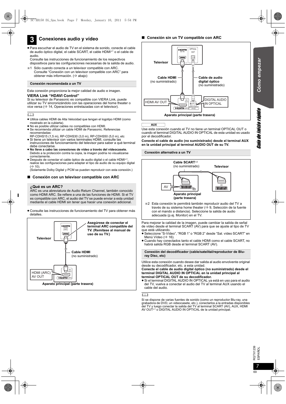 Gu ía de inicio rápido, Có mo empezar, Conexiones audio y vídeo | Panasonic SCXH150EG User Manual | Page 69 / 86