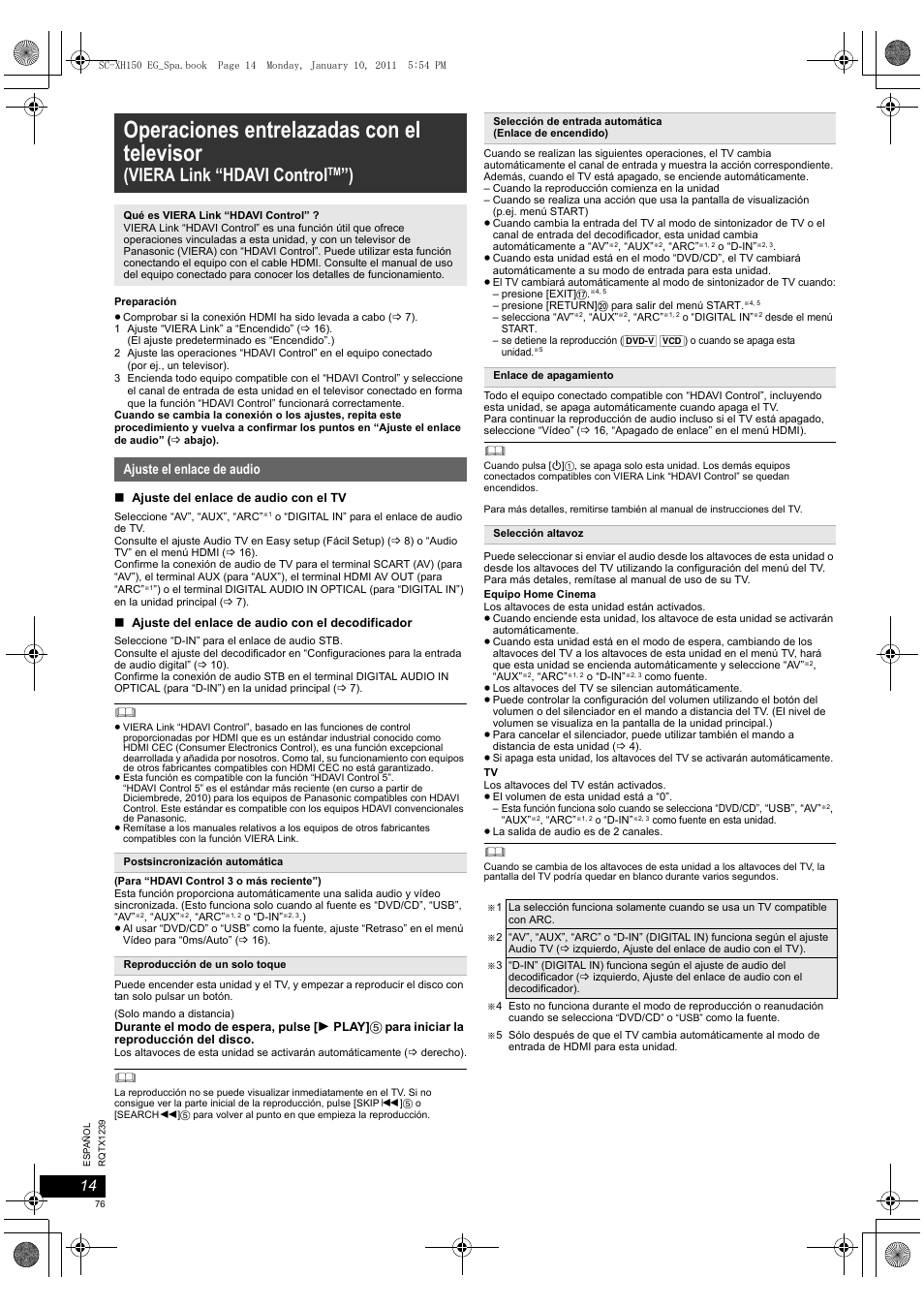 Operaciones entrelazadas con el televisor, Viera link “hdavi control, Ajuste el enlace de audio | Panasonic SCXH150EG User Manual | Page 76 / 86