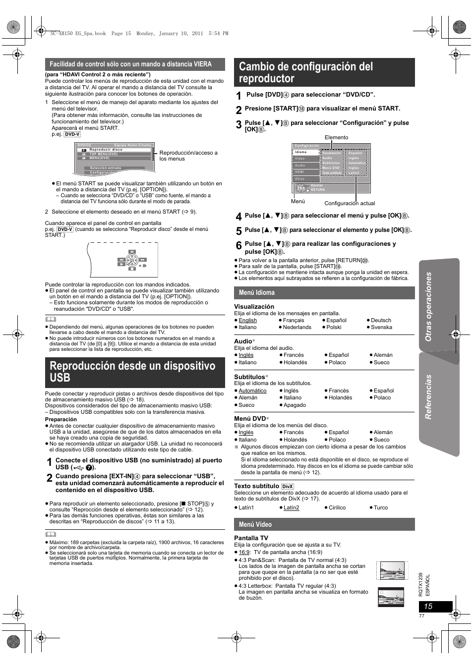 Reproducción desde un dispositivo usb, Cambio de configuración del reproductor | Panasonic SCXH150EG User Manual | Page 77 / 86