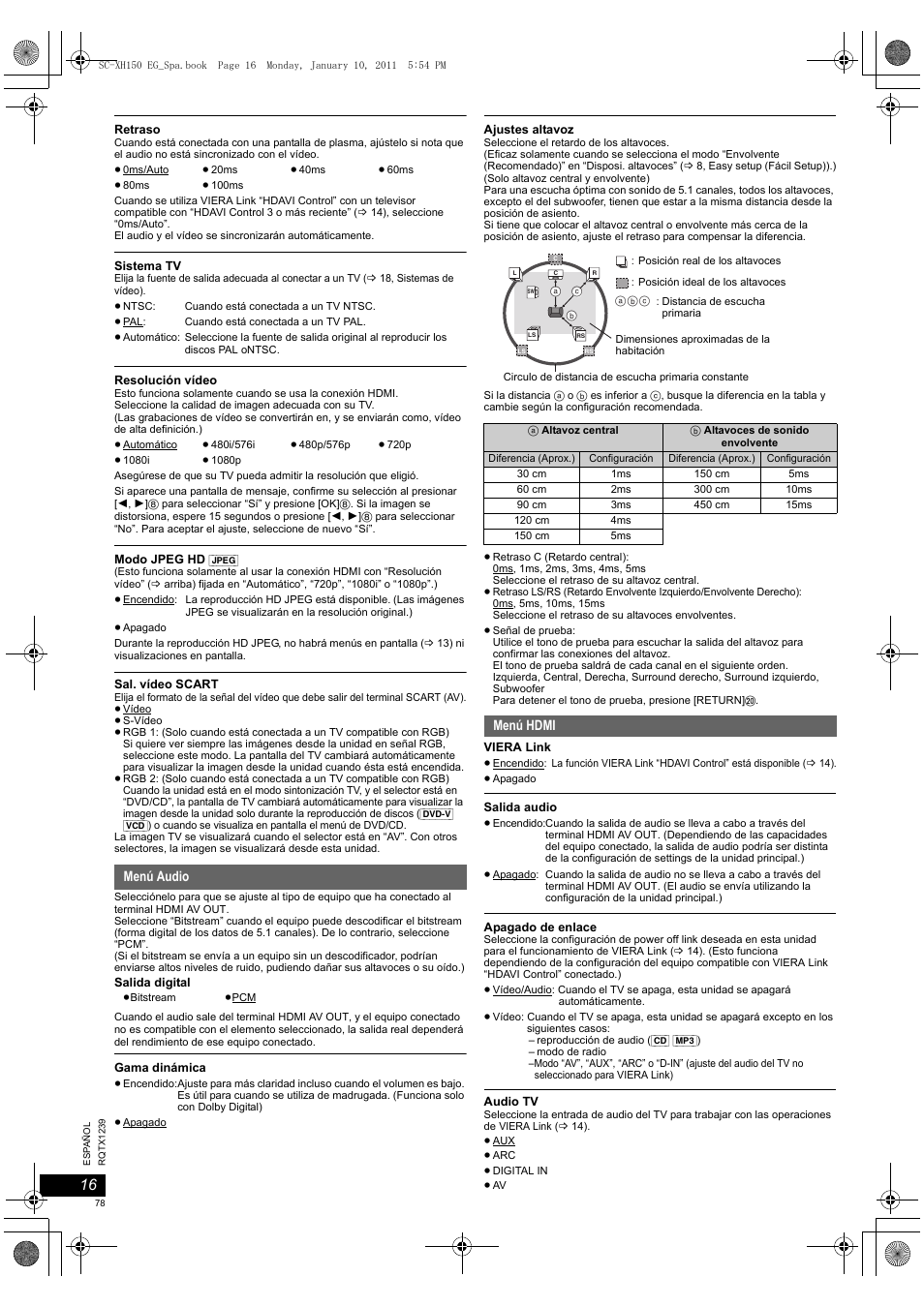 Menú audio, Menú hdmi | Panasonic SCXH150EG User Manual | Page 78 / 86