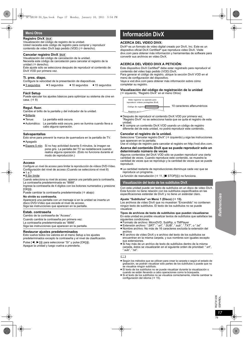 Información divx, Menú otros, Visualización del texto de los subtítulos divx | Panasonic SCXH150EG User Manual | Page 79 / 86