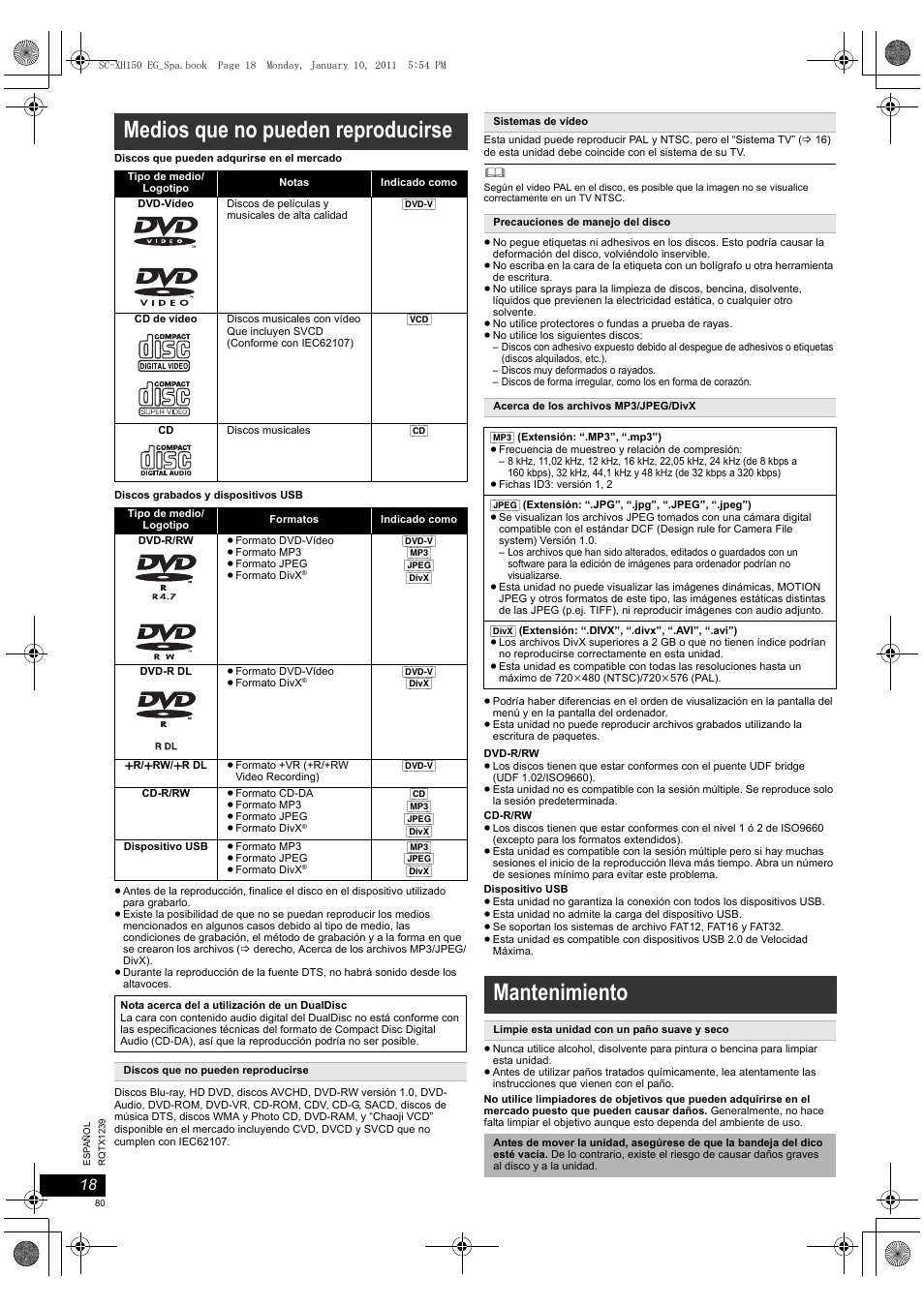Medios que no pueden reproducirse, Mantenimiento | Panasonic SCXH150EG User Manual | Page 80 / 86