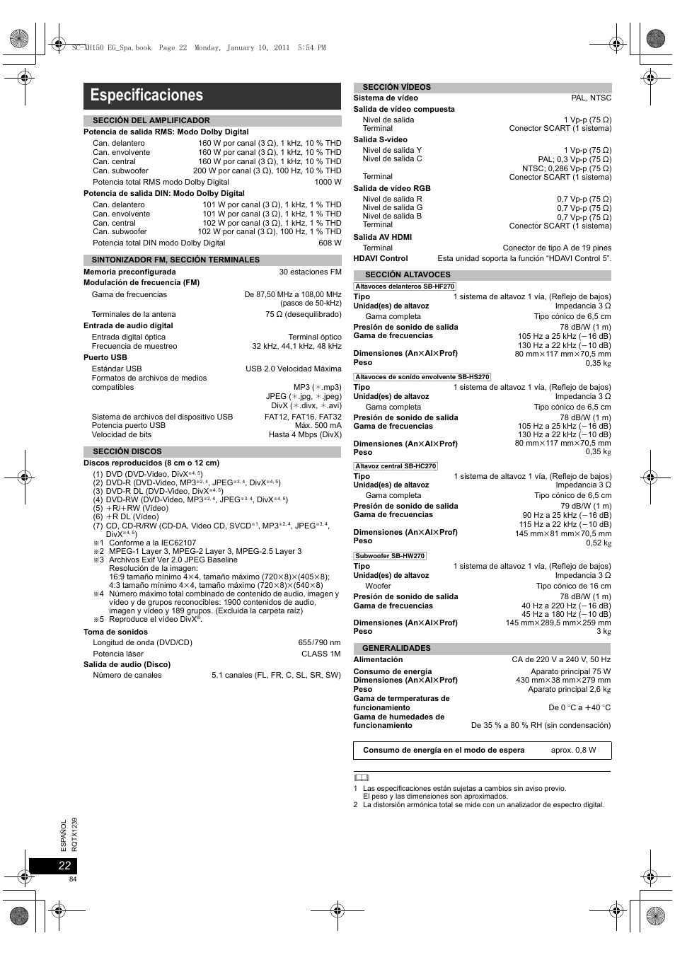 Especificaciones | Panasonic SCXH150EG User Manual | Page 84 / 86