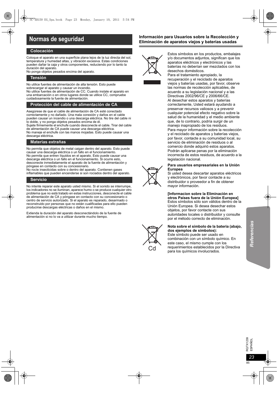 Normas de seguridad | Panasonic SCXH150EG User Manual | Page 85 / 86