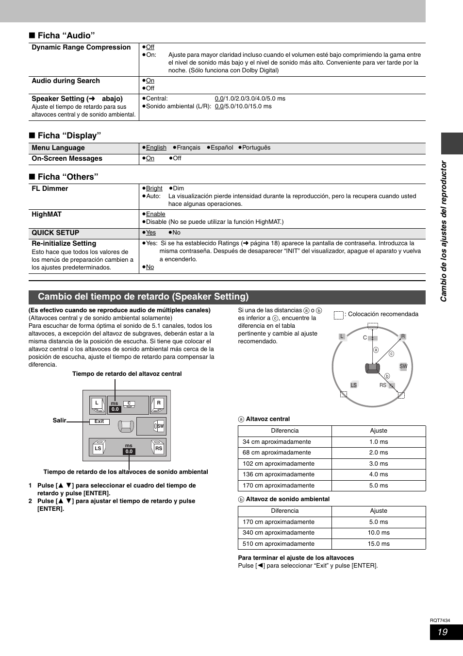 Cambio del tiempo de retardo (speaker setting), Ficha “audio” ∫ ficha “display” ∫ ficha “others | Panasonic SCHT720 User Manual | Page 19 / 32