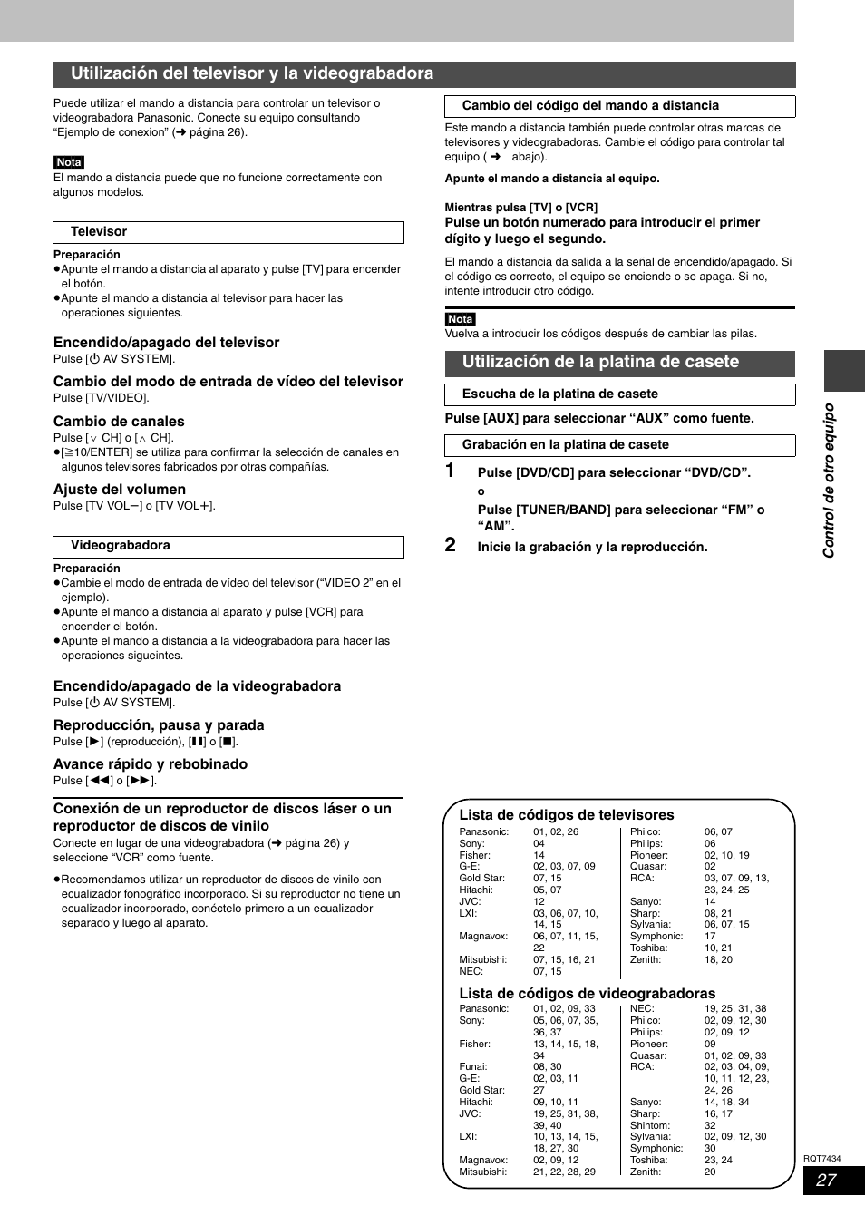 Utilización del televisor y la videograbadora, Utilización de la platina de casete | Panasonic SCHT720 User Manual | Page 27 / 32