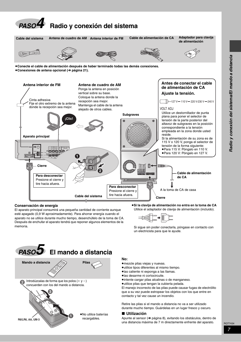 Paso, Radio y conexión del sistema, El mando a distancia | Panasonic SCHT720 User Manual | Page 7 / 32
